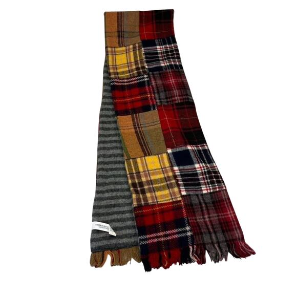 American Eagle Plaid Patchwork Scarf Neck Warmer Multicolor Wool Blend Fringe - Picture 2 of 10